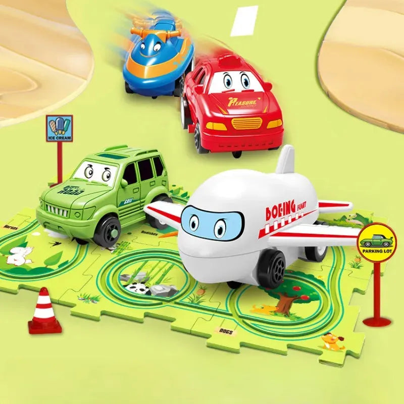 Children puzzle electric railroad speeder with DIY assembly track and automatic car, dinosaur theme