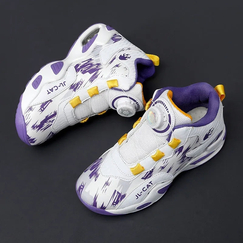 Children's black basketball shoes with rotating button fastening and cushion design