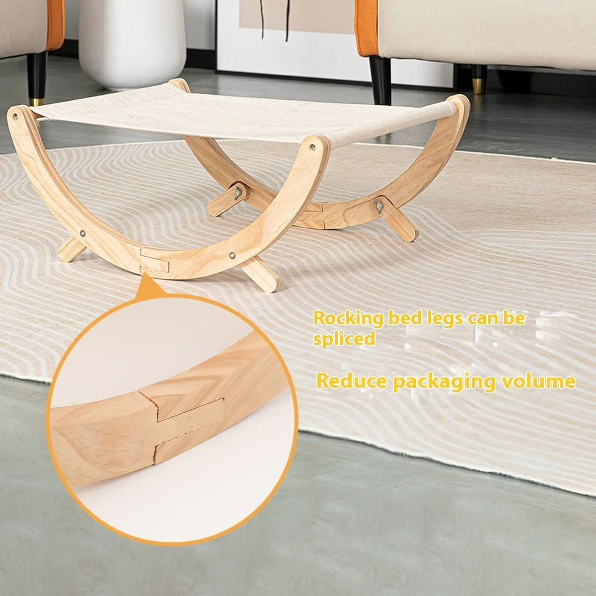 Solid wood cat hammock bed with brown frame and fabric surface