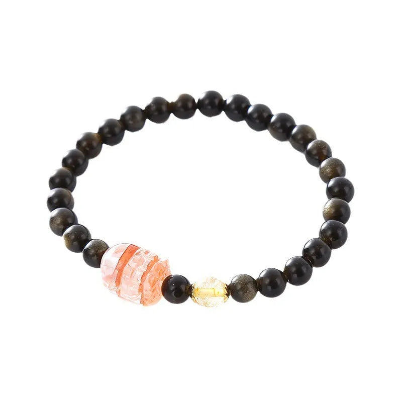 Natural obsidian Pi Xiu bracelet with animal zodiac modelling in retro artistic style.