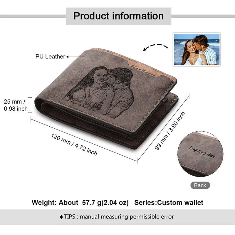 Coffee brown engraved horizontal short wallet with custom photo personalisation showing 120x99x25mm dimensions