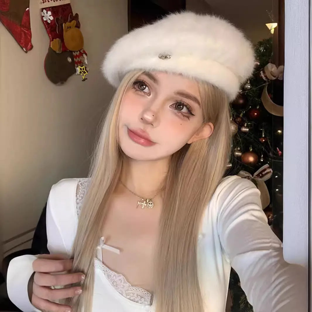 Long straight synthetic wig in milk tea blonde gold colour with hair net on display