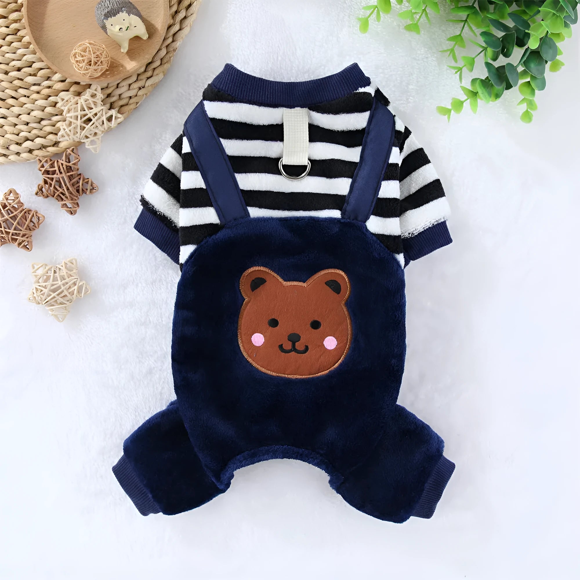 Red striped flannel four-leg pet clothing on a small pet, showing full body coverage and casual style