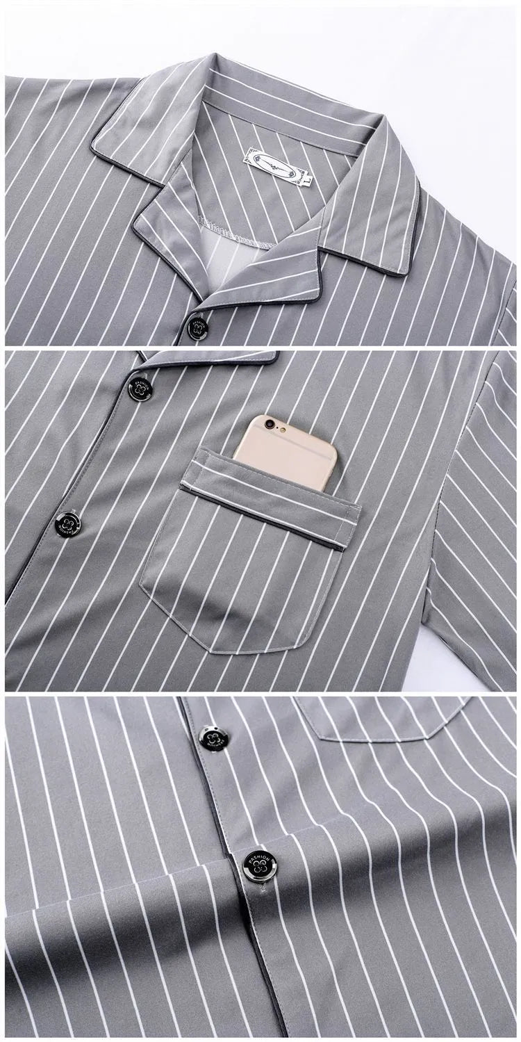 Men's long-sleeved milk silk homewear suit with cardigan top and trousers, available in grey stripe