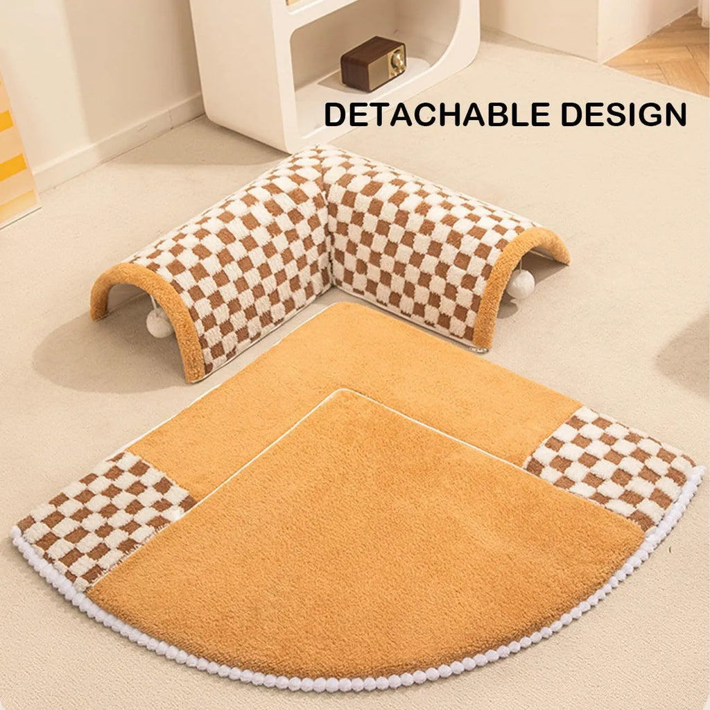 XL sized fan-shaped plush pet bed with an attached tunnel in coffee colour on a wooden floor.
