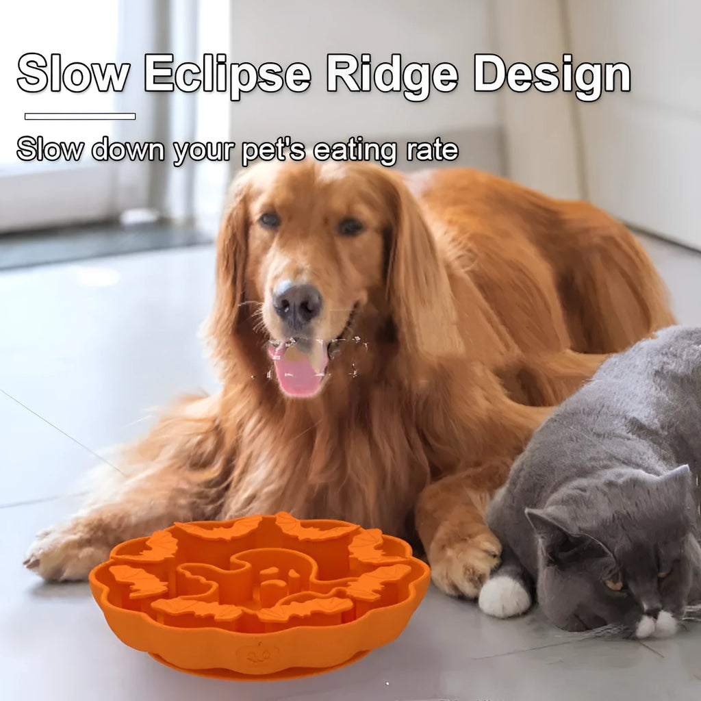 Silicone dog slow feeder bowl in a hexagonal shape on a floor, showing textured surface for slowing eating pace.
