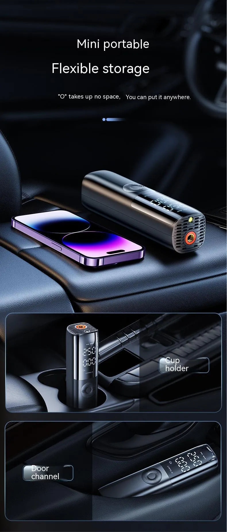 Black portable electric car air pump with tyre pressure gauge and inflation hose.