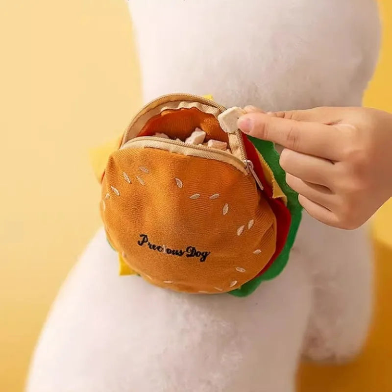 Cartoon hamburger print adjustable vest leash for a small dog, showing backpack-style escape-proof design.