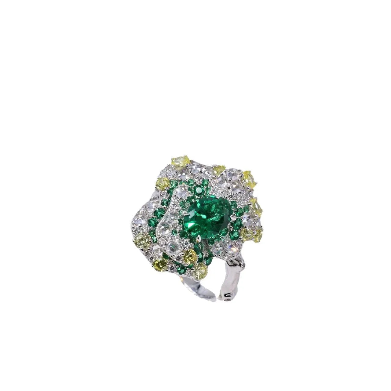 Secret Garden Series gradient emerald ring on a plain background showing the stone colour