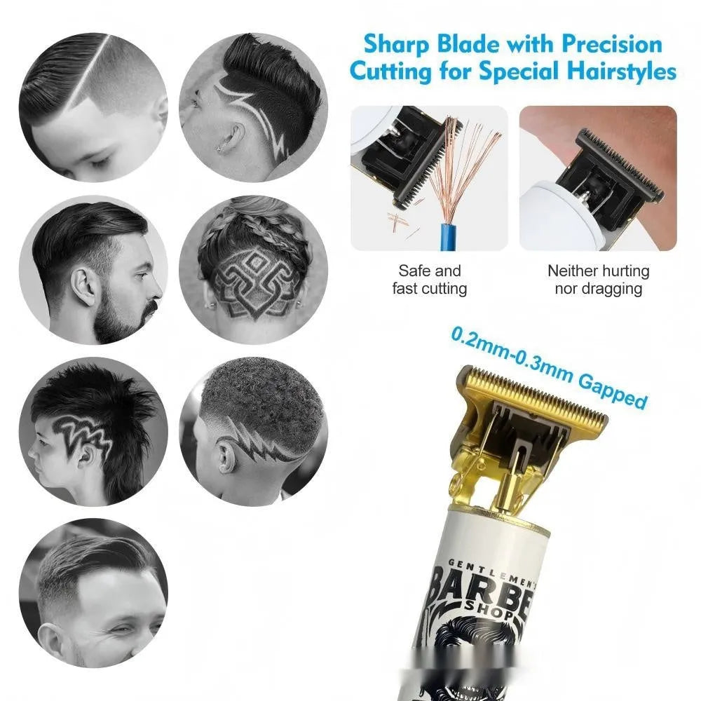 Rechargeable stainless steel hair clipper with USB charging cable and 4 guard attachments