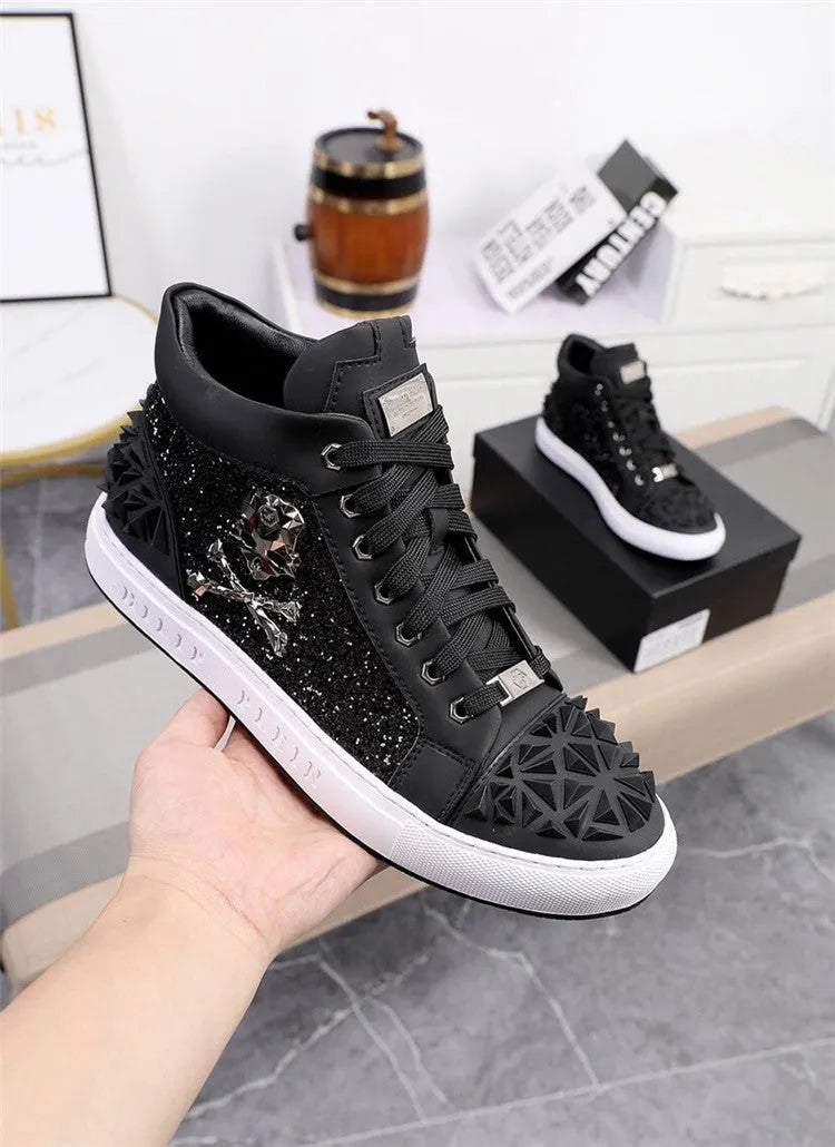 Men's black and red high-top skeleton shoes made from genuine leather with a lace-up front.