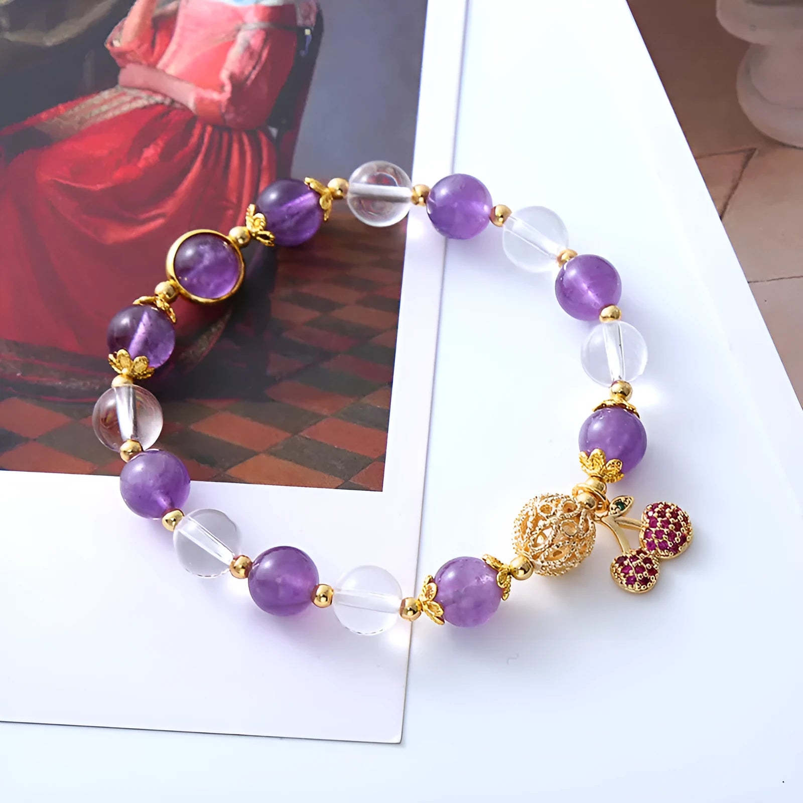 Purple crystal bracelet with a micro-inlaid cherry flower design, sweet style for women.