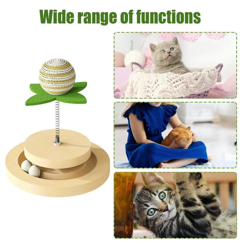 Green sisal cat scratching pad with interactive ball track and rotating spring ball toy