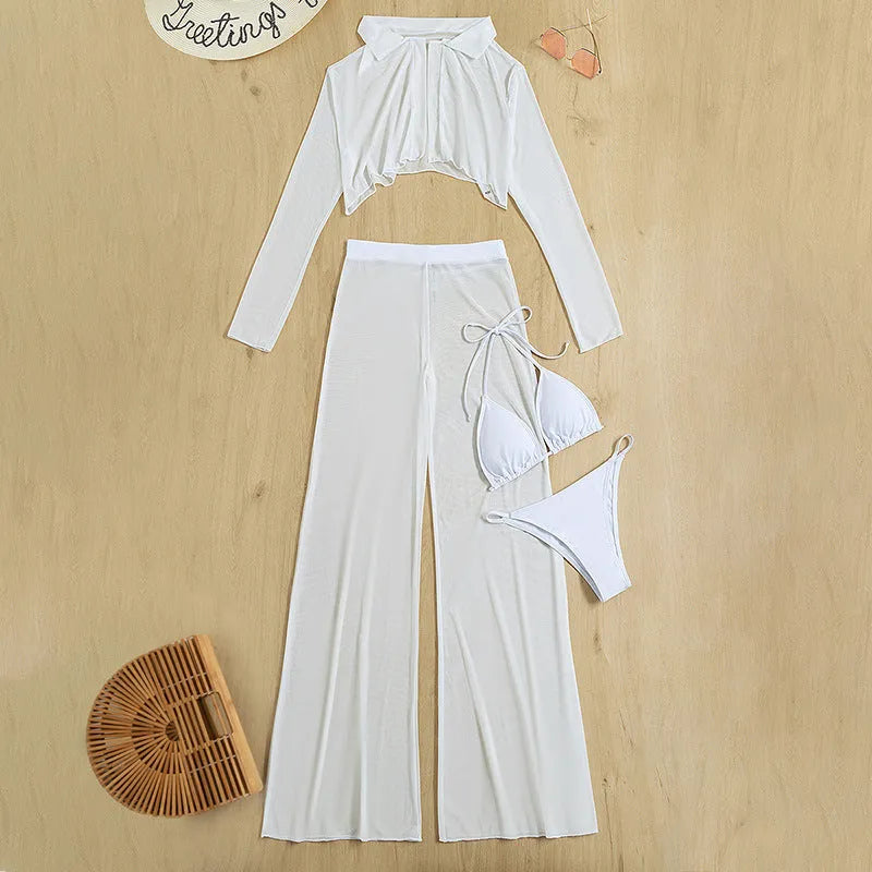 Women's white swimsuit four-piece set showing high-waist trousers and backless top