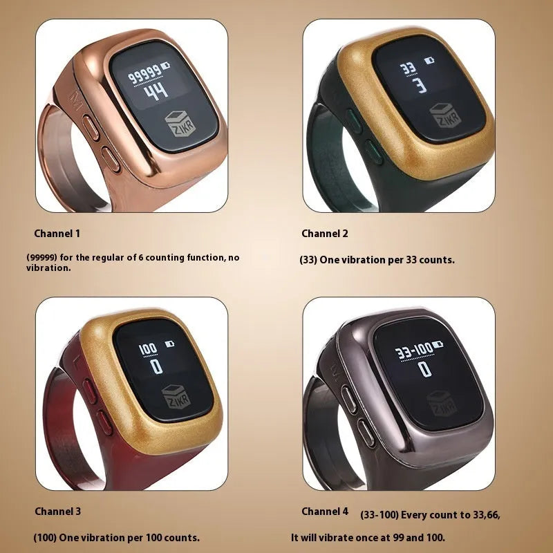 Al-Fatiha Zikr digital wrist counter on strap, showing display screen, available in multiple colours and sizes.