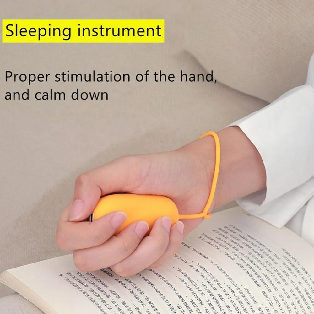 Handheld microcurrent sleep aid device with round control button in grey, green, or orange colours