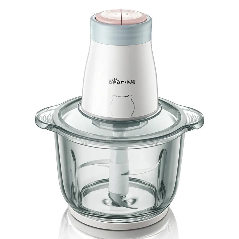 Household electric vegetable chopper with 2L glass bowl and double-layer four-leaf blade