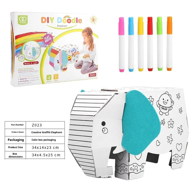 Handmade DIY three-dimensional carton paper model colour filling toy kit with graffiti castle design