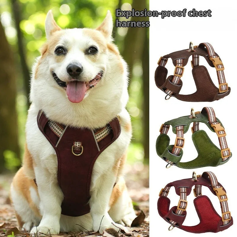 Brown leather dog harness with reflective stitching, adjustable straps, and chest attachment design