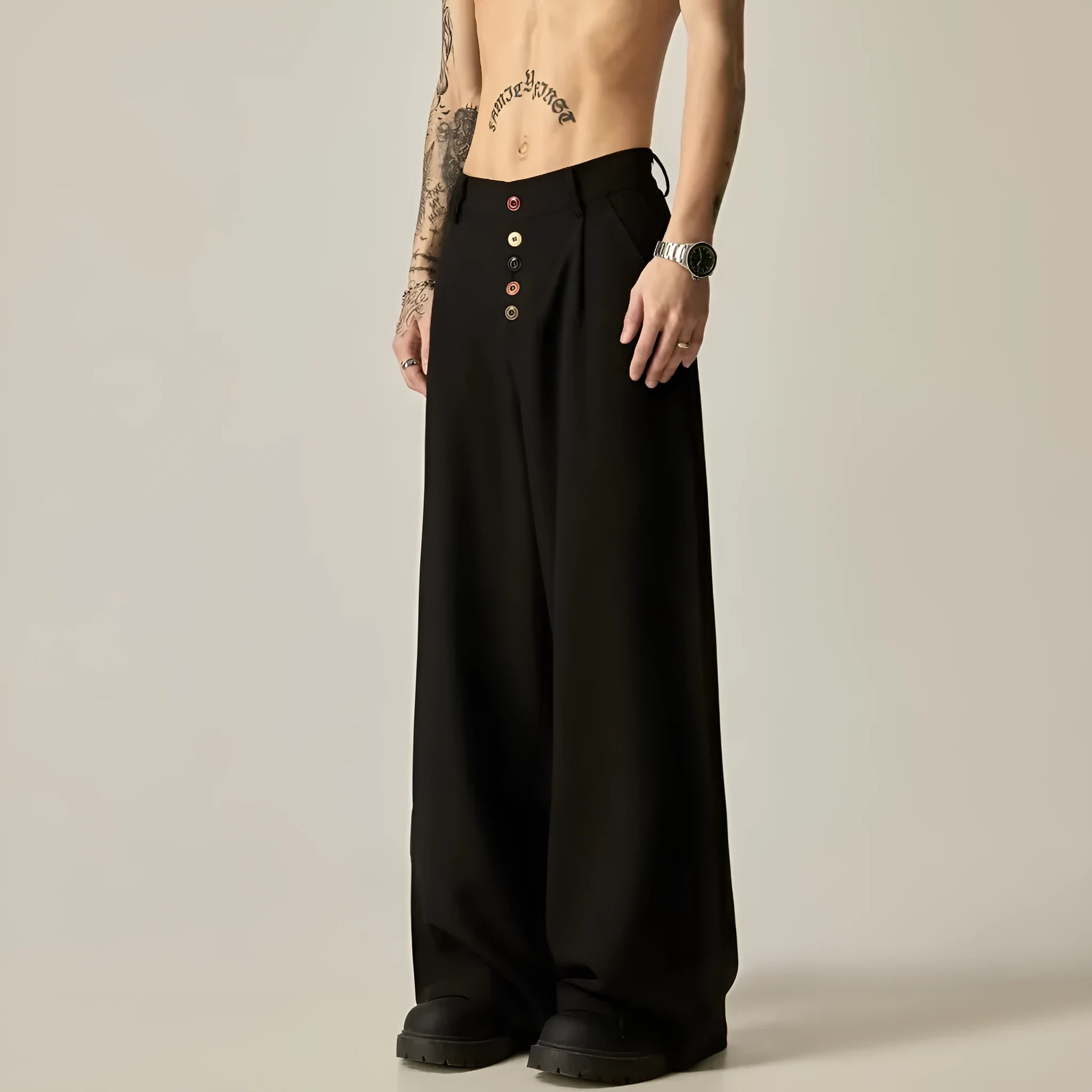 Men's vertical tube wide-leg trousers in solid black colour with micro-elastic waistband
