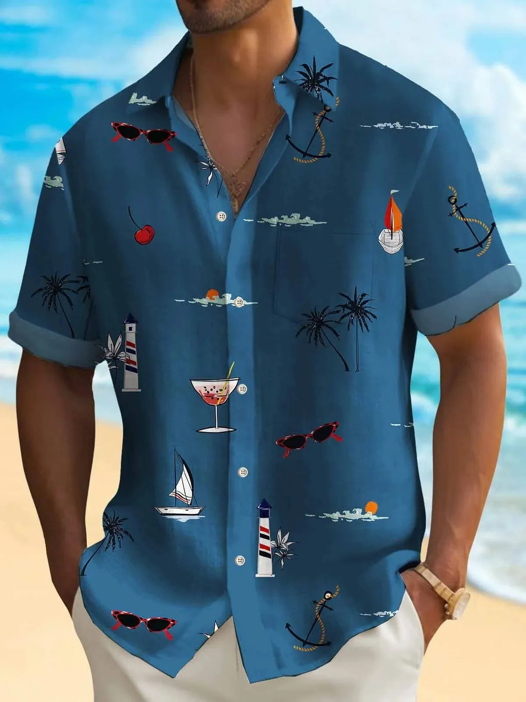 Man wearing a loose-fit short-sleeve Hawaiian shirt with a vibrant digital print pattern.