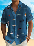 Man wearing a loose-fit short-sleeve Hawaiian shirt with a vibrant digital print pattern.
