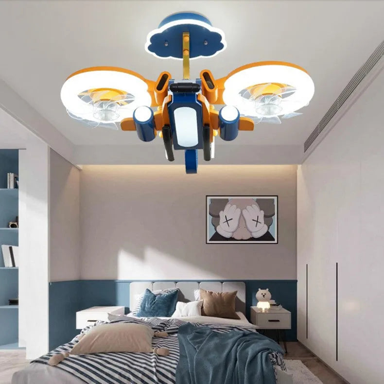 Modern ceiling fan light with yellow and blue acrylic shade and metal blades for large bedrooms