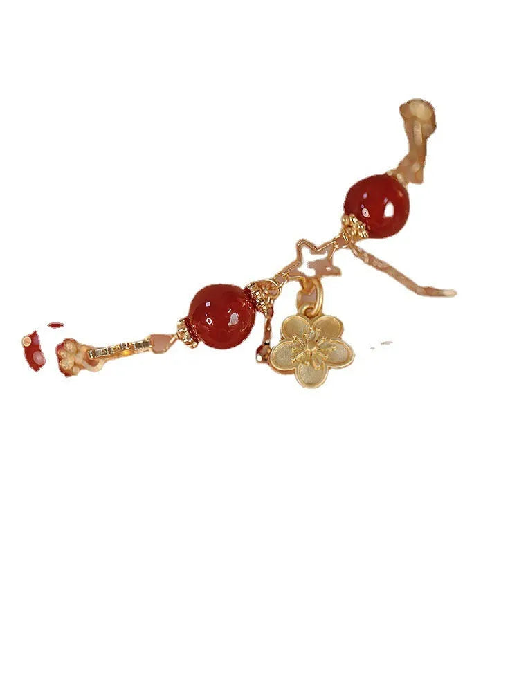 Red agate double layer women's bracelet with floral peach blossom ethnic design