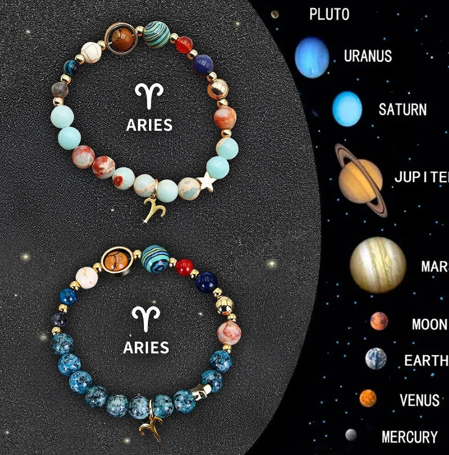 Set of two natural stone beaded bracelets showing zodiac sign designs.