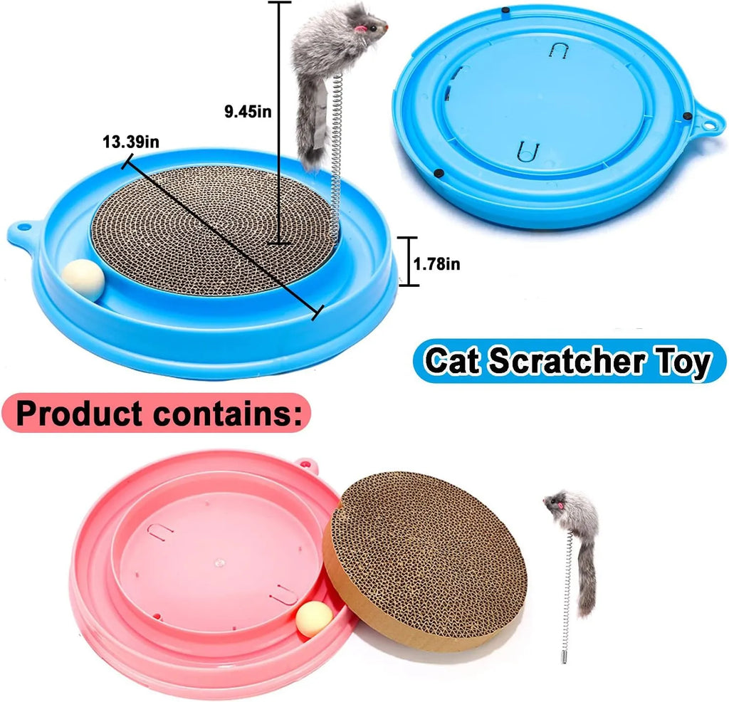 Circular cat scratcher toy with replaceable centre pad and ball track channel