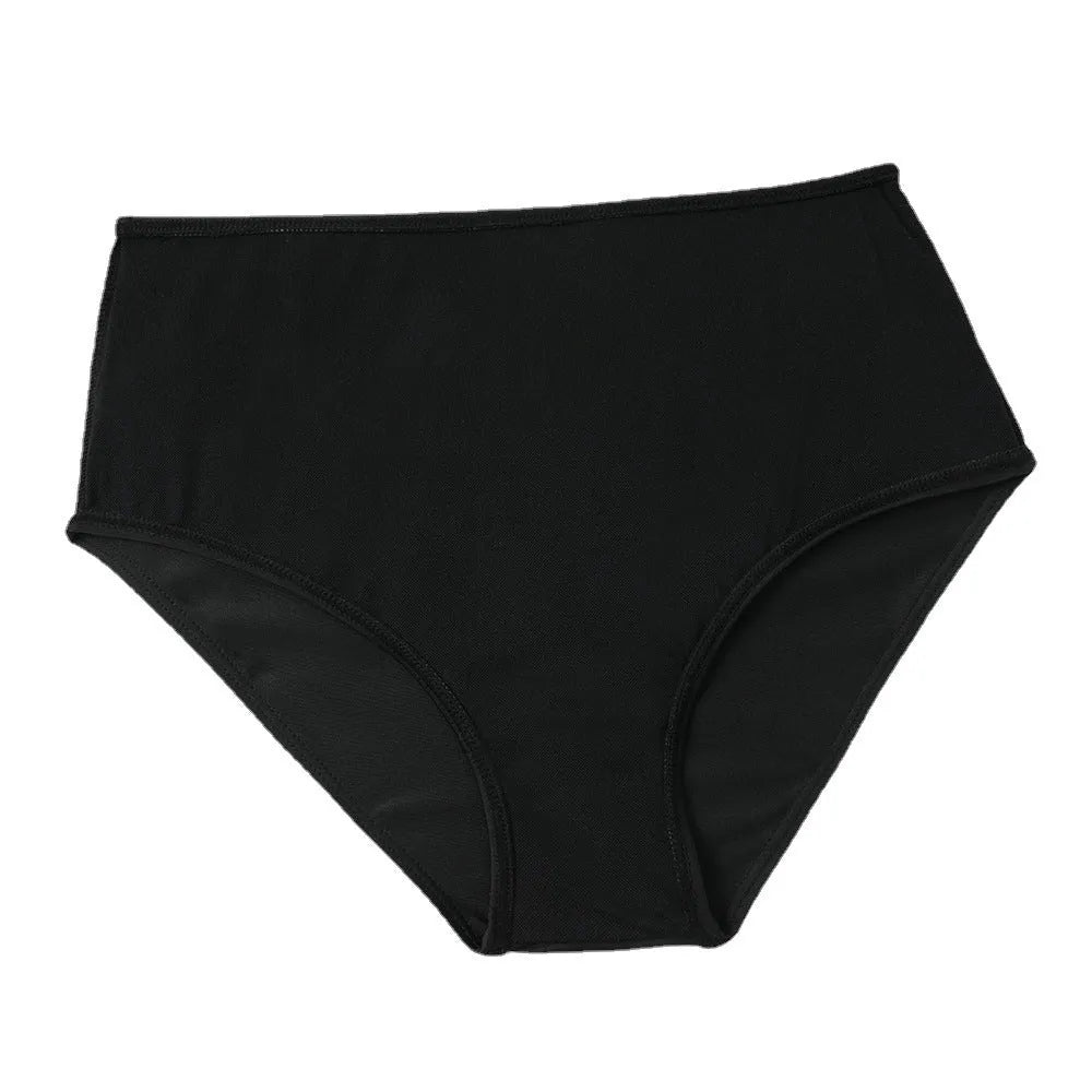 High waist double-layer swimsuit in black and coconut tree print, showing front view.
