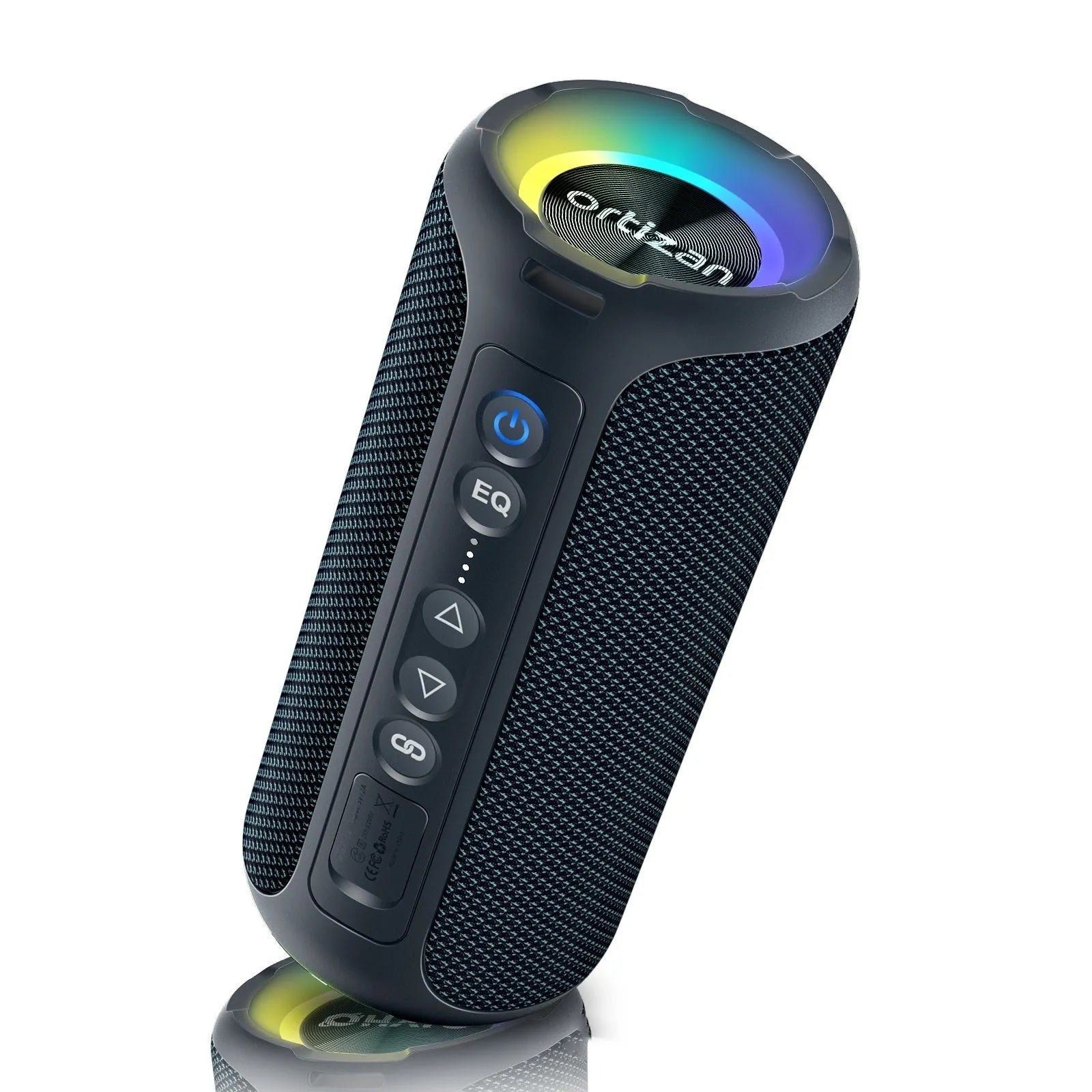 Black and blue fabric portable Bluetooth speaker with LED lights, 40W power.