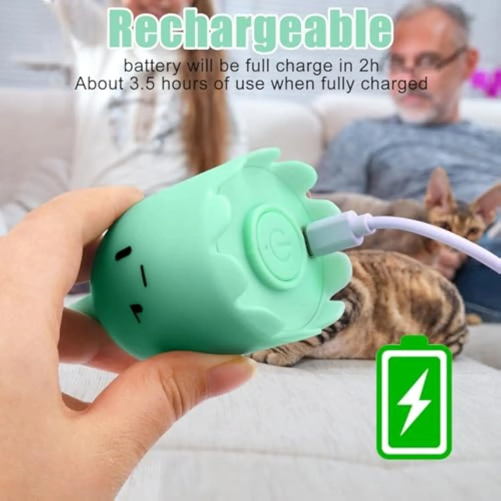 Green automatic cat wand toy with swinging silicone tails on white background