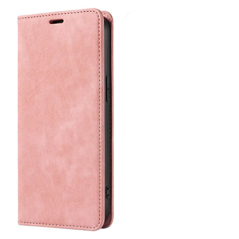 Magnetic flip phone case in grey colour made of TPU and leather for iPhone.