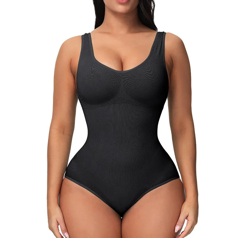 Seamless women's corset bodysuit in nylon fabric with waist support features