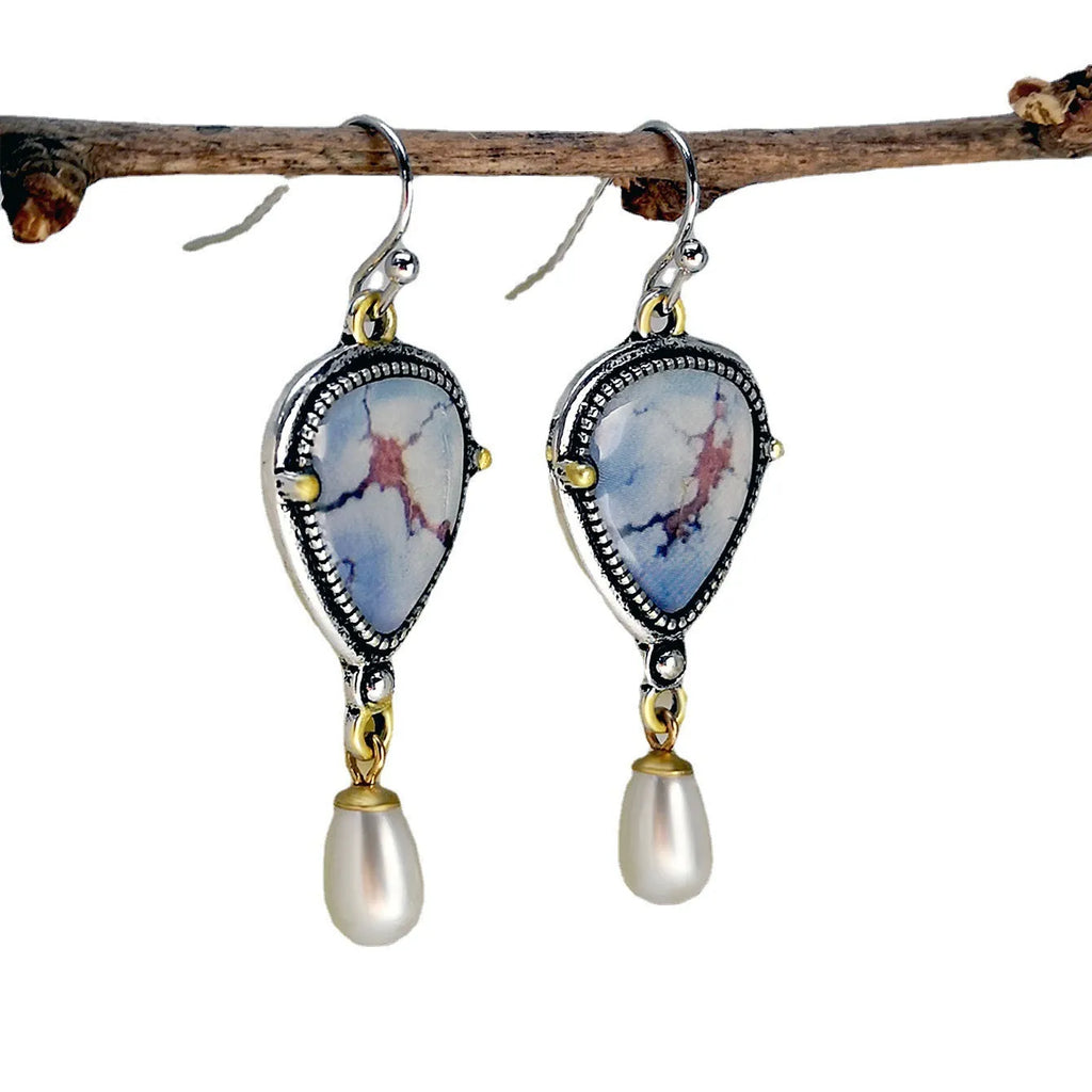 Retro blue geometric drop earrings for women with synthetic opal stone and white pearl.