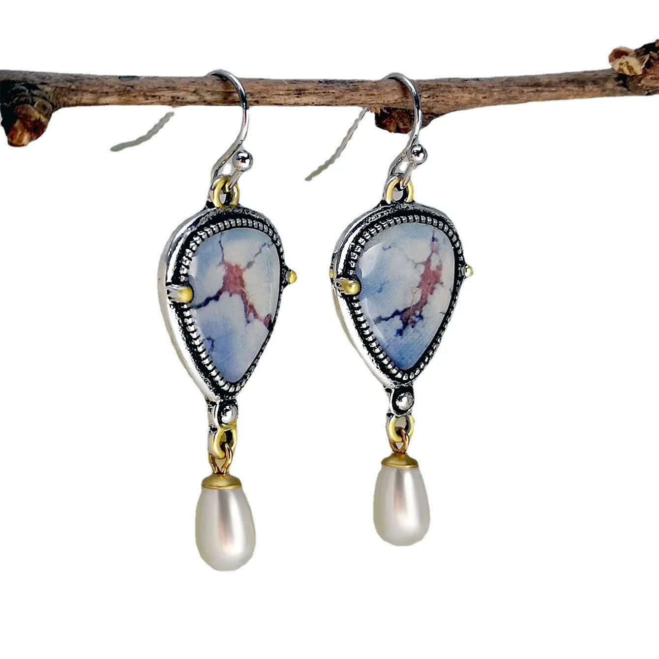 Retro blue geometric drop earrings for women with synthetic opal stone and white pearl.