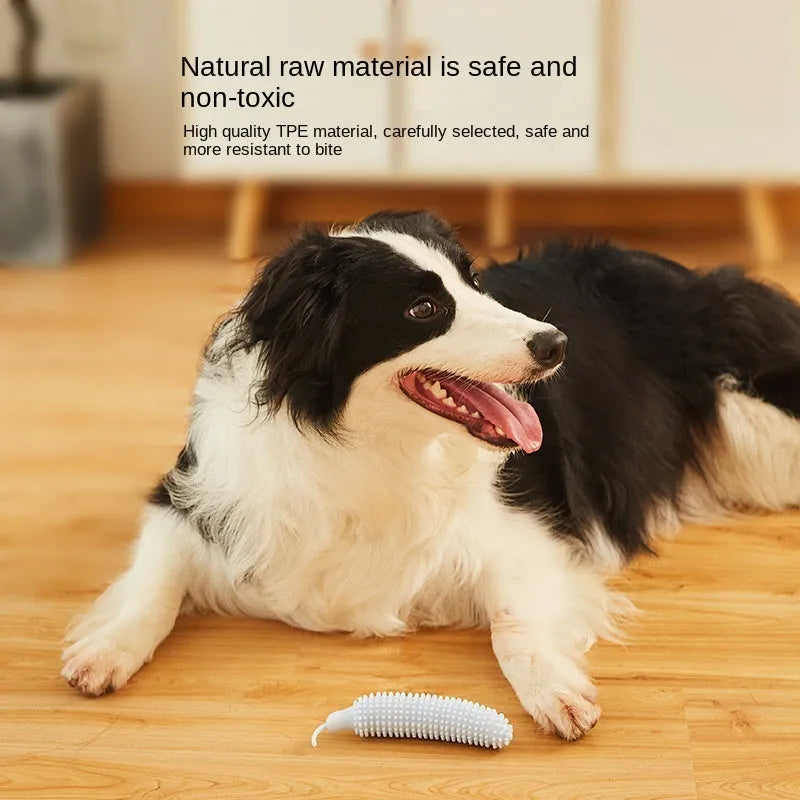 Green cucumber-shaped dog chew toy for teething and bite training on a white background.