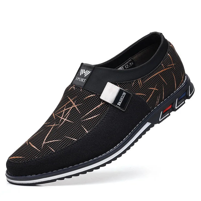 Men's grey and white low-top casual shoes with a square toe and flat rubber sole.