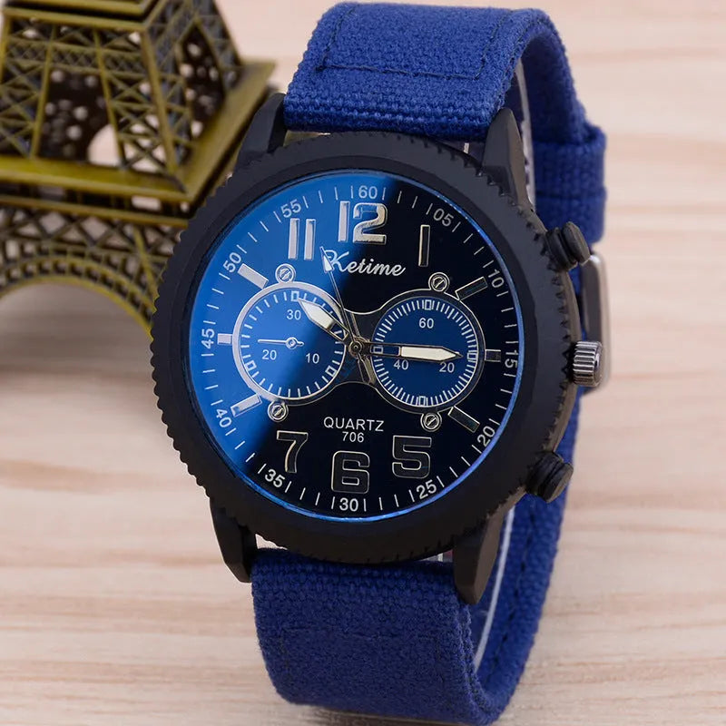 Men's fashion wristwatch with cloth band, quartz movement, 48mm zinc alloy dial, pointer display
