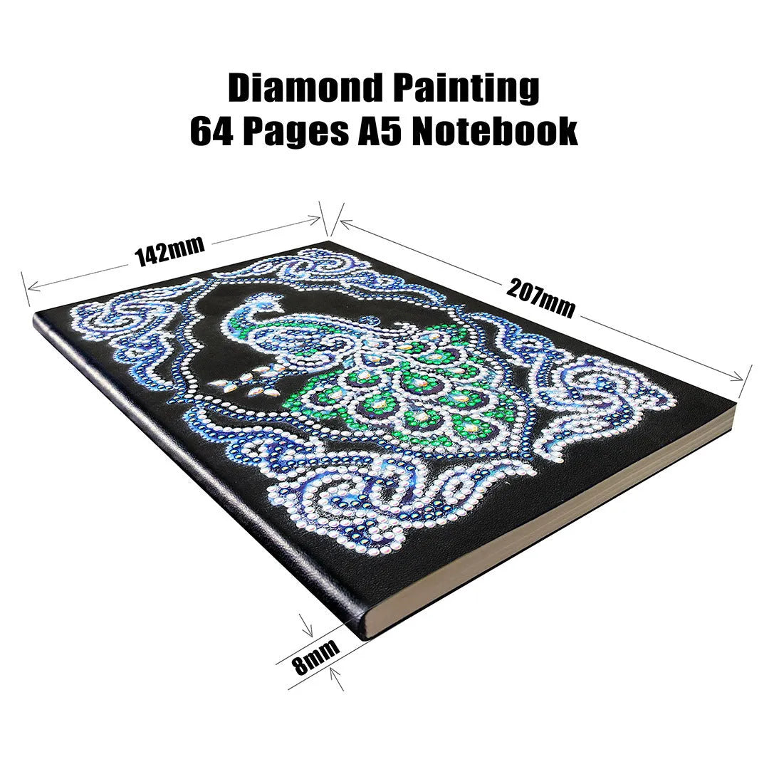 Black A5 diamond painting notebook with peacock design, open to show shaped and bright drills on page.