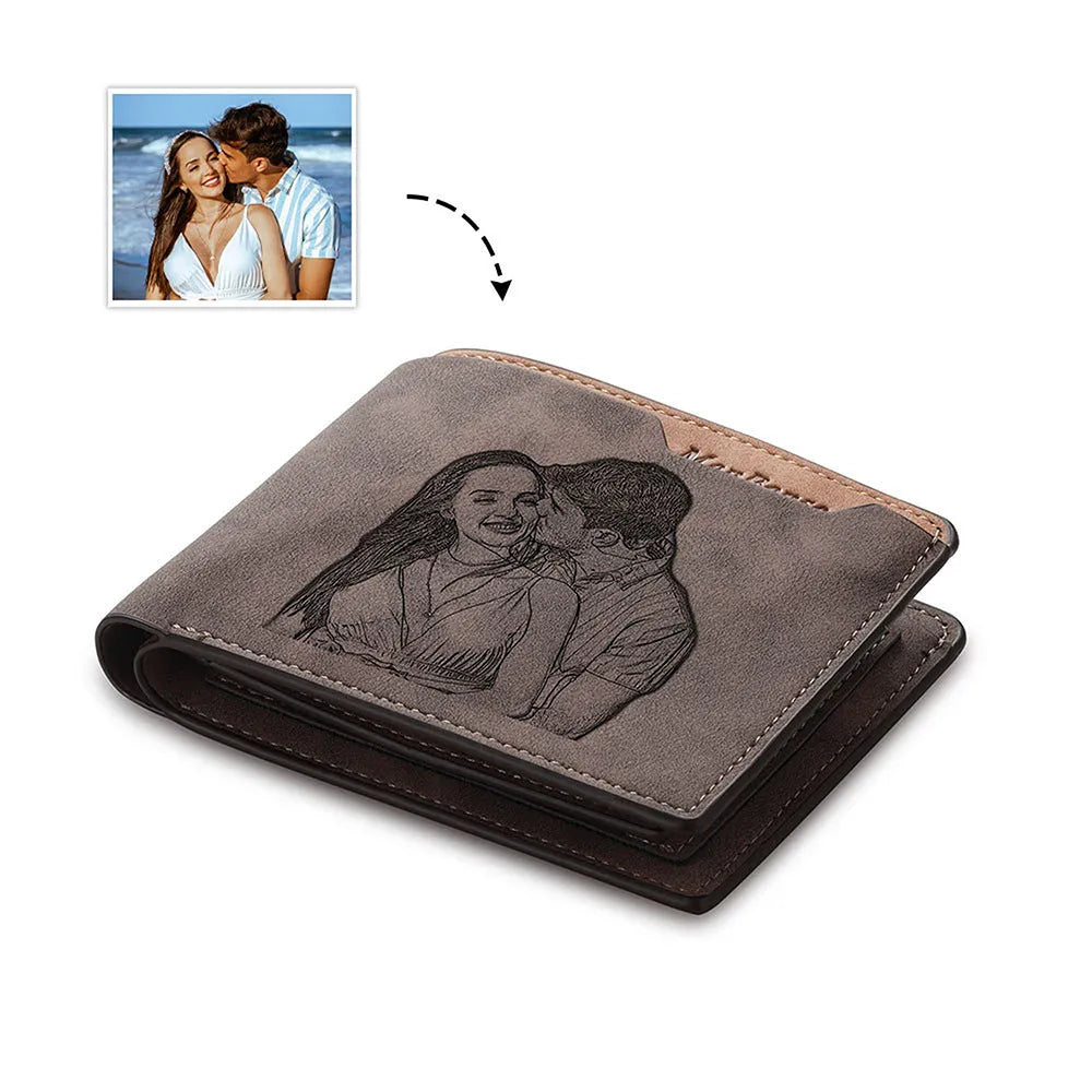 Coffee brown engraved horizontal short wallet with custom photo personalisation showing 120x99x25mm dimensions