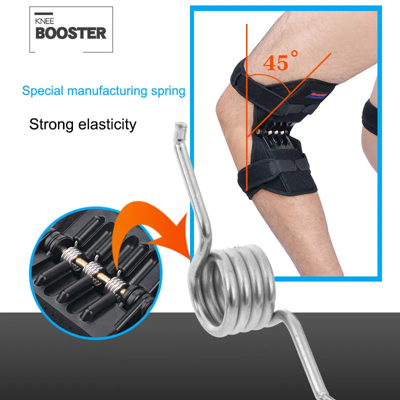 Black spring knee brace with adjustable straps, shown on a knee, for mountaineering and sports support.