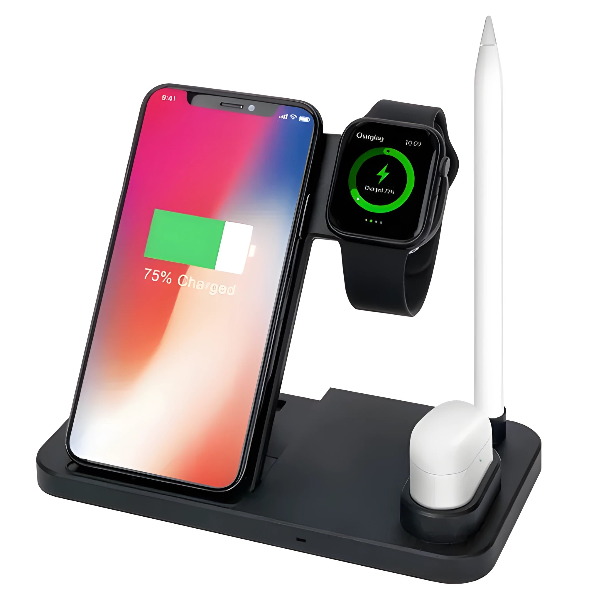 White 4-in-1 wireless charging station with phone on adjustable stand, Apple Watch, AirPods and Apple Pencil charging.