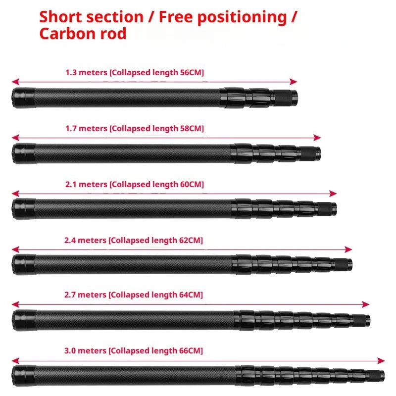 Carbon telescopic fishing rod with free orientation spool collapsed and extended views showing compact storage