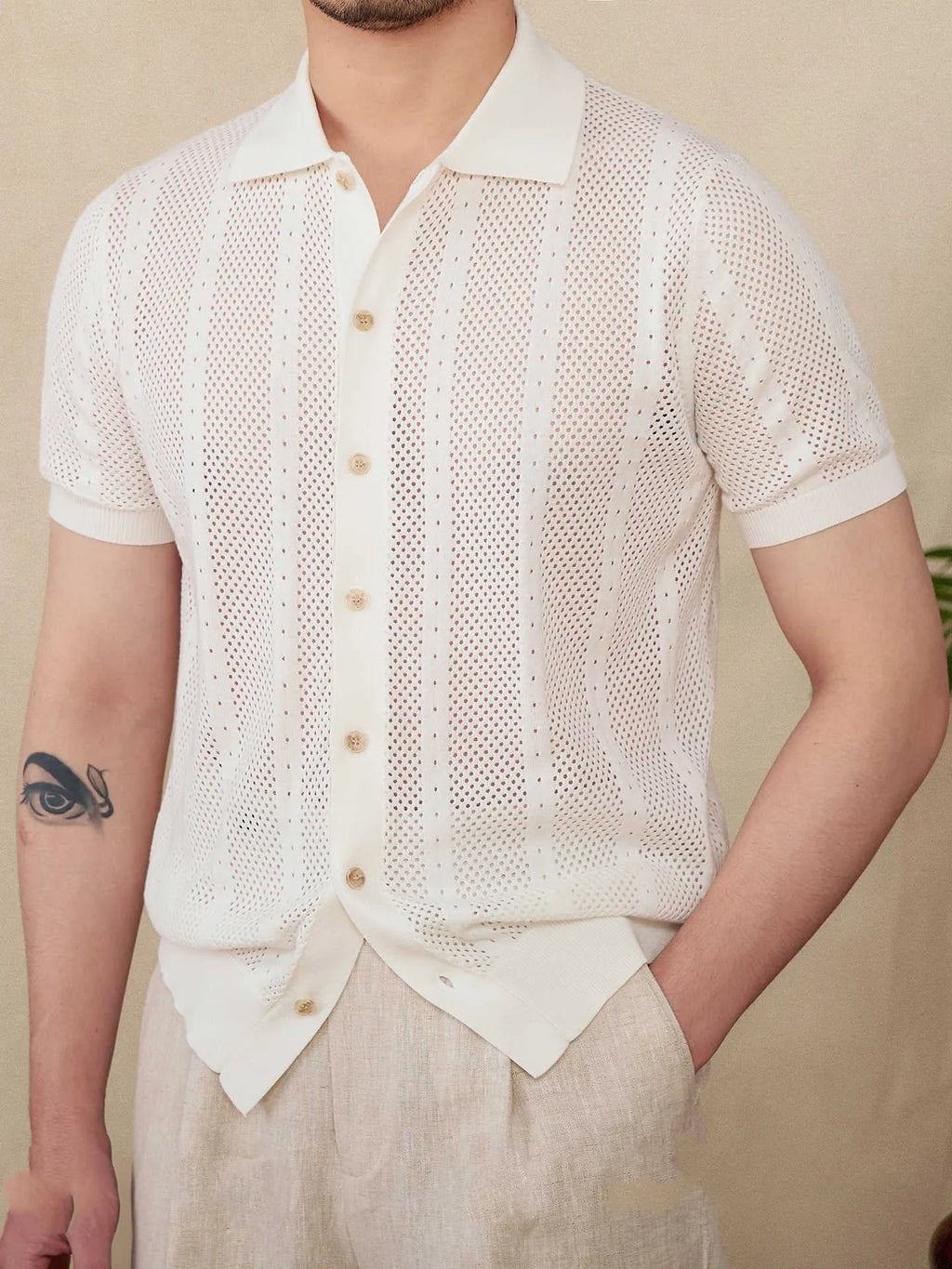 Men's short sleeve lapel collar cardigan shirt in striped pattern, available in creamy-white, black, and brown colours