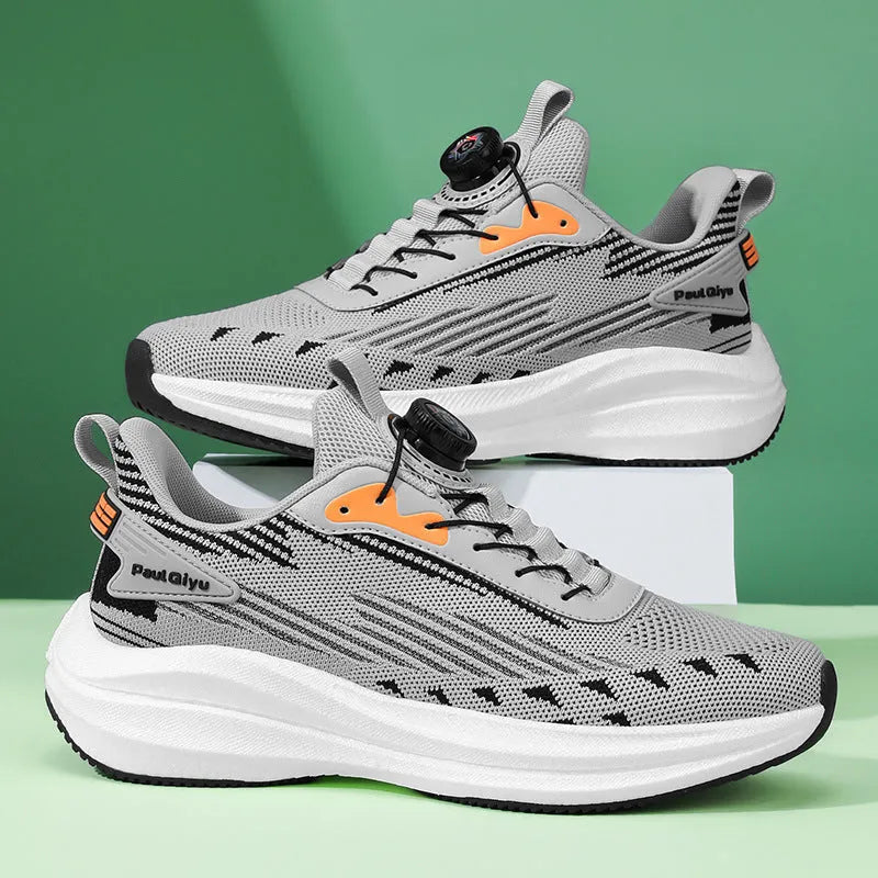 Men's casual sports running shoes with rotating buckle and white green Fly-kit mesh upper on a flat TPU sole.