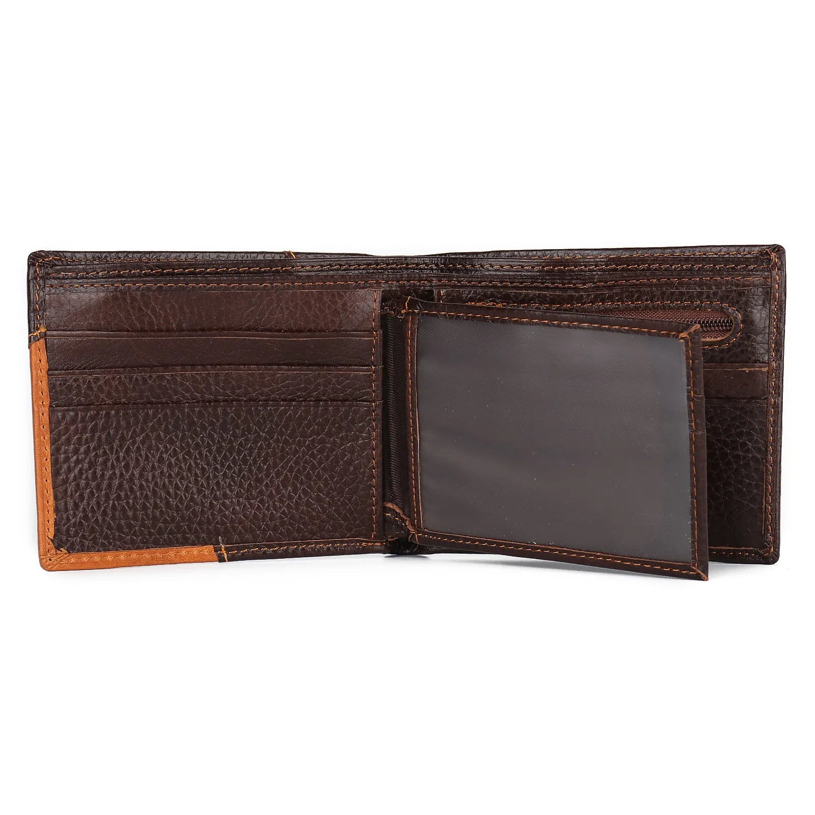 Soft leather men's wallet with personality stitching, shown open to reveal card slots, bill holder, and a zippered coin compartment.