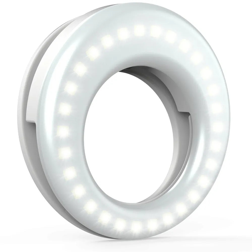Black LED selfie ring light for mobile phones with USB cable and adjustable brightness settings