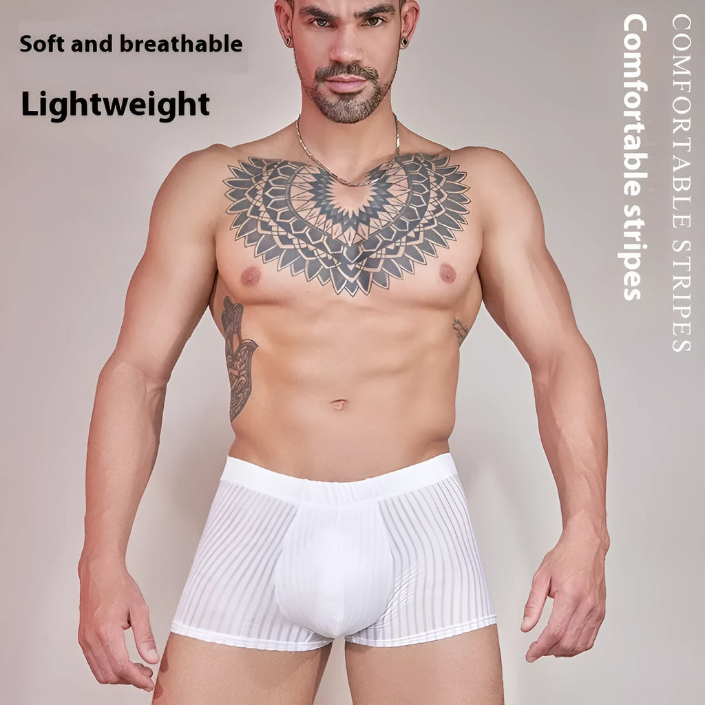 Men's thin striped nylon underwear in black, white, and dark grey colours.